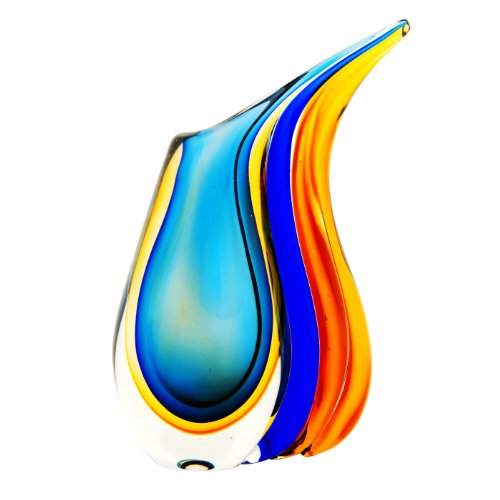 Luxury Lane Hand Blown Multicolor Sommerso Teardrop Art Glass Vase with Angled Lip 11 inch Tall