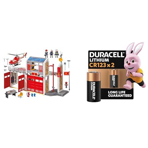 PLAYMOBIL Parque Bomberos, Efectos Sonido, 4+ años, 9462, & Duracell CR123 Litio 2 Unidades