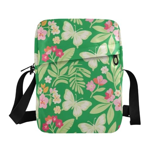 KLL Bright Green Pink Flower Butterfly small messenger bag for men Vegan Leather mens crossbody bag Travel Woman Shoulder Handbags