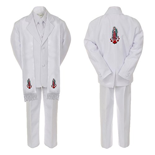 Image of Baby Boy Teen Baptism Formal White Suit Silver Guadalupe on Stole & Back SM-20