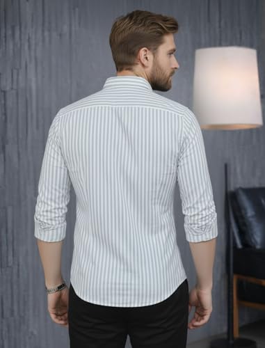 Image of MILDIN Men's Pure Cotton Striped Printed Shirt with Spread Collared Neck Full Sleeve Curved Hemline Button Closure and Regular Fit | Shirt for Man