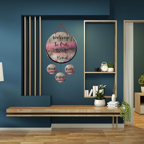 Image of GENXTRA Wooden Welcome Home Round MDF inchWelcome To Our Sweet Home inch Wall Hanging with 3 Mini inchGood Vibes Only inch Charms - Decorative Wooden Plaque Set of 4 for Entryway & Living Room, or Balcony | Decorative Plaques for Housewarming (HOME 02)