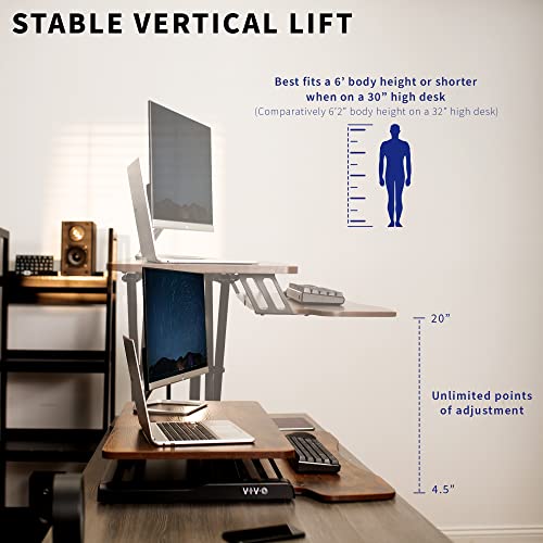 Image of VIVO 32 inch Desk Converter, K Series, Height Adjustable Sit to Stand Riser, Dual Monitor and Laptop Workstation with Wide Keyboard Tray, Vintage Brown Top, Black Frame, DESK-V000KN