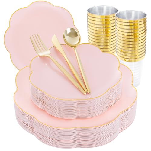 EI 180pcs Pink Plastic Plates with Gold Plastic Silverware,Party Plates Disposable,Pink Dinnerware...