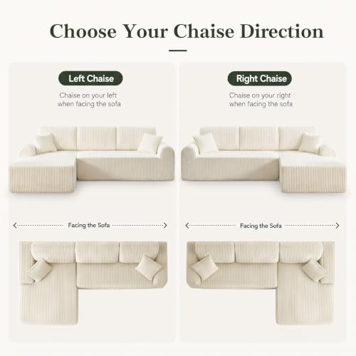 Image of KEIKI 109 inch Corduroy L-Shaped Sectional Sofa with Left Chaise, White
