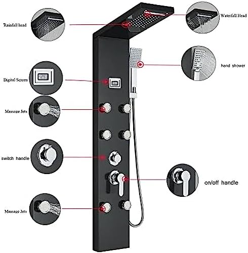 LED Light Shower Panel Tower Rainfall Waterfall Shower Head with Massager Jets Body System Jet-Black A,Black G miniatura 4