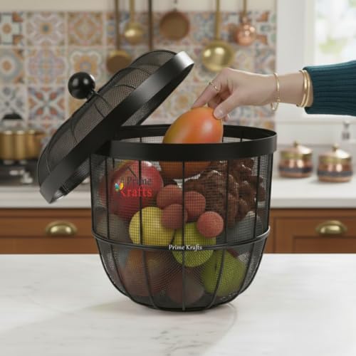 Image of Decorative Insect-Resistant Fruit and Vegetables Basket with Lid | Countertop Mesh (Jaali) Design Fruit Storage Basket for Kitchen, Dining Table, Living Room - Black
