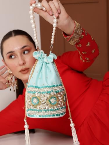 Image of THE TAN CLAN Pushp Zardozi Embroidered Mini Lotus Potli Bag - Handcrafted Silk Pouch with Intricate Zardozi & Lotus Design for Weddings, Bridal Accessories, and Special Occasions