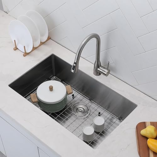 Image of 30 inch x 16.5 inch x 8 inch Undermount Kitchen Sink, 30 Inch Under Mount Brushed Nickel RV Laundry Utility Undermount 16 Gauge Stainless Steel 8 Deep Single Bowl Small Kitchen Laundry Narrow Sink