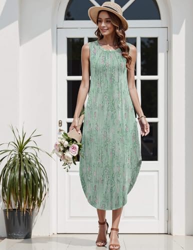 Image of Zeagoo Women Floral Summer Casual Beach Printed Tank Dress with Pockets Pleated Front Long Dress
