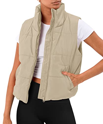 AUTOMET Women‘s Cropped Puffer Vest, Y2K Inspired Sleeveless Gilet for Fall Winter Spring, Casual to Street OuterwearLight Khaki S