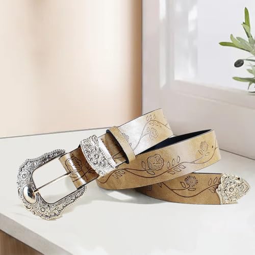 Women's Men's Western Floral Engraved Embossed Leather Belt - Novelty Filigree Buckle Strap for Daily Decoration(110cm/43, Brown)3