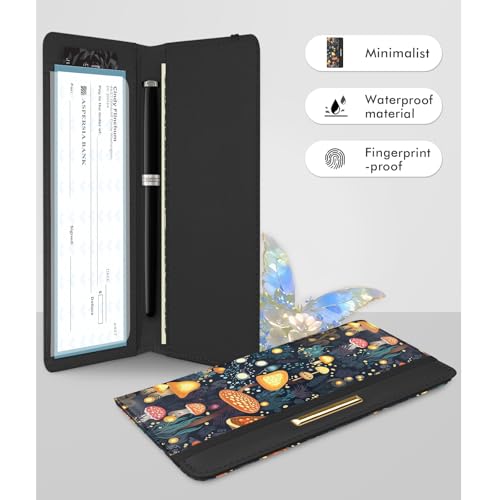Image of Printed Checkbook Cover, RFID Blocking Checkbook, Stylish, Lightweight, Slim Durable, Multi-Functional Checkbook Holder for Personal and Business Checks (Mushrooms)