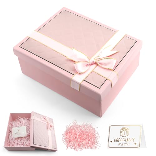 GOTFUN Caixa de presente com tampa, 25 x 18 x 9 cm, caixa de presente dobrável com cartão de felicitação e ráfia, caixa de presente reutilizável para casamentos, aniversários, aniversários (rosa)