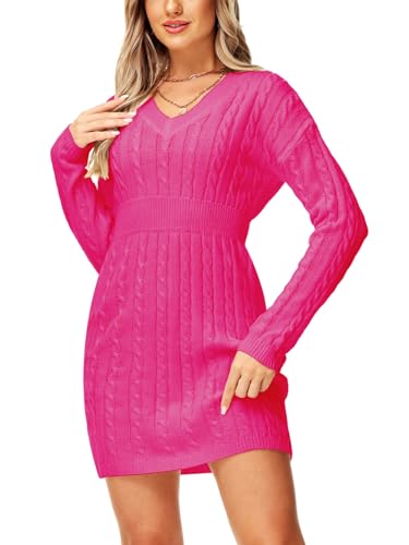 Image of Deerose Women V Neck Sweater Dress Cable Knit Long Sleeve Pullover Sweaters