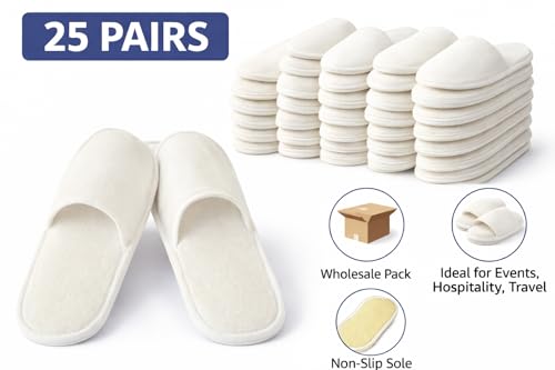 Image of 25 Pairs Hotel Guest Room Slippers - Terry Towel Close-Toe, 5MM Sole, Free Size (Unisex, White) | Disposable Hotel Accessories & Travel Kit Essentials