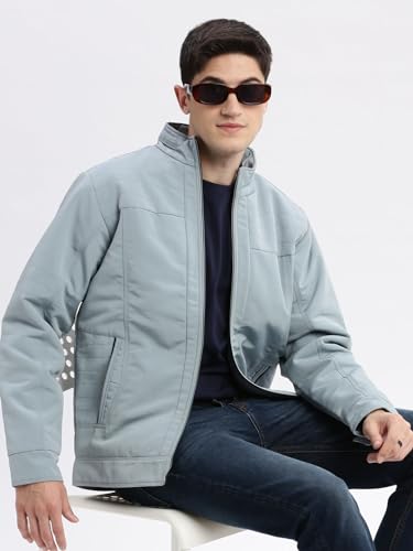 Image of SHOWOFFFF Men Solid Bomber Jacket | Mock Collar Full Sleeves Nylon Jacket for Mens | Slim Fit Regular Length Jacket for Men's