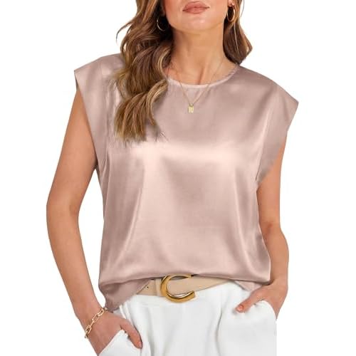 LOMON Womens Silk Satin Tops Summer Cap Sleeve Shirts Dressy Crew Neck Tank Tops Loose Business Casual Blouse Champagne X-Large