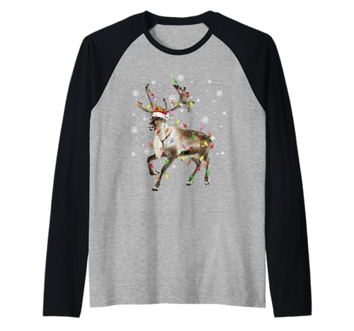 Reindeer Christmas Lights Funny Santa Hat Animal Lover Xmas Raglan Baseball Tee