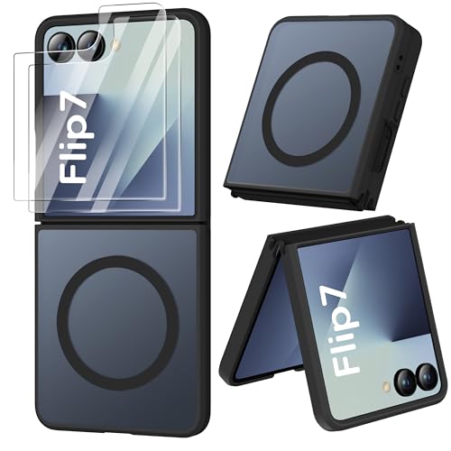 Image of ORETECH Magnetic for Samsung Galaxy Z Flip 7 Case, with [2 x Screen Protector] Translucent Back Non-Slip Hard PC Shockproof Bumper Protective Case for Samsung Z Flip 7 - Black