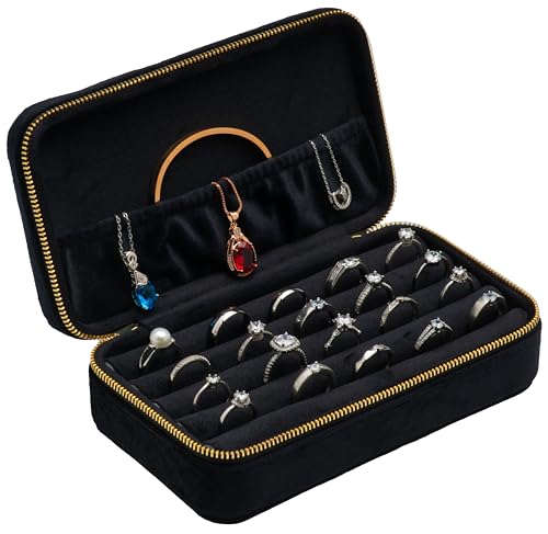 COWFEX Velvet Multiple Ring Box Jewelry Organizer Display Tray with Zipper Around Earring Holder Case for Wedding Birthday (Black)