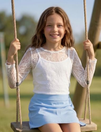 Image of Noomelfish Girls Lace Layering Tops Sheer Mesh Tee Shirts Blouse (5-12 Years)