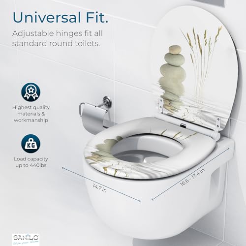 Image of Sanilo Wooden Toilet Seat with Quick Release & Soft Close [ROUND] - Decorative & Slow Close Molded Wood Seat - With One Click for Easy Installation & Cleaning - With Adjustable Fit (Balance)