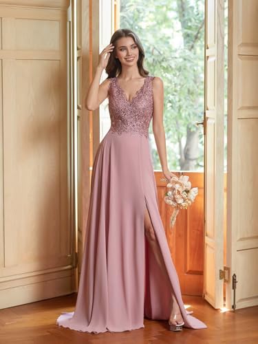 Women's Bridesmaid Dresses Long Chiffon Slit Semi Formal Dresses V-Neck Backless A-Line Evening Gowns for Wedding4