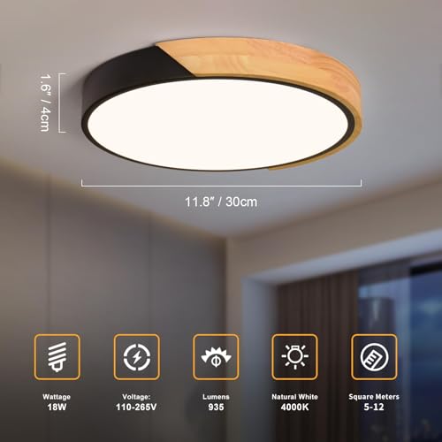 Image of Modern LED Ceiling Light, Minimalist Wood Flush Mount Ceiling Light Fixture, 4000K Not Dimmable, Circle Lighting Lamp with Acrylic Lampshade for Bedroom Laundry Room Hallway (Black,11.8 inch)