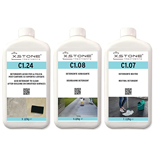 KIT DE LIMPIEZA DE SUELOS DE GRES PORCELÁNICO con 3 detergentes específicos y 1 almohadilla de lavado. ELIMINA MANCHAS, HUELLAS, RESIDUOS POST-OBRA. DALE NUEVA VIDA A TU SUELO
