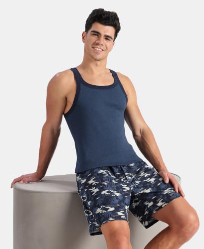 Image of Jockey US27 Men Super Combed Cotton Rib Square Neck Gym Vest Dark Denim Melange & Navy S