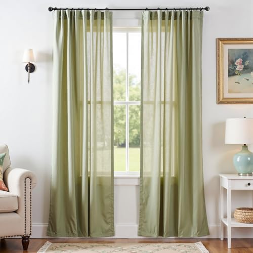 Image of jinchan Linen Curtains Light Filtering Back Tab 50x90 Inch 2 Panels Green