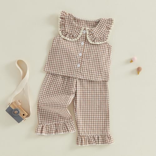 Thorn Tree Girls Summer Outfits Ruffle Sleeve Button Up Dress Tops Plaid Linen Pants Spring Toddler Girl Clothes - Image 4