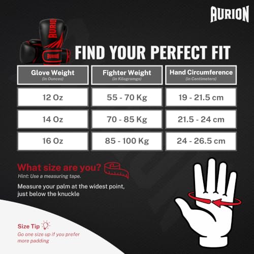 Image of Aurion Boxing Gloves 16 Oz for Men | Premium PU Leather Training Gloves with EVA Foam Padding, Breathable Palm, Wrist Support & Thumb Protection | Boxing, Sparring,Kickboxing| Black-Red