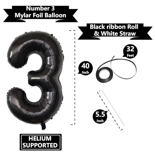 Image of Number Balloons Black Party Balloon - Giant Number 3 Balloon, 40 Inch Large Balloon for Birthday Decorations, Black Party Supplies for Men Women