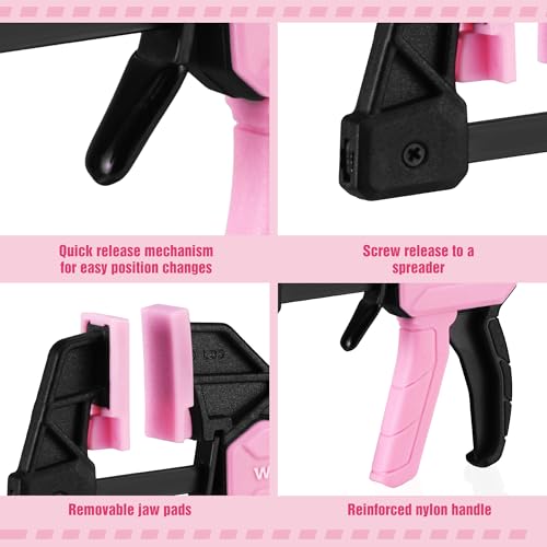 Image of WORKPRO 6 inch Mini Bar Clamps for Woodworking, 2-Pack One-Handed Clamp /Spreader, Light-Duty Screw-Change F Clamp with 50lbs Load Limit, Pink Ribbon