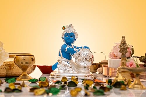 Image of Idolkart Pure 999 Silver Coated Lord Krishna Idol, Handcrafted Laddu Gopal Murti Sculpture,- kanha ji ki murti Idol for Pooja Room - Ladoo Gopal Murti Krishna Idol - 4 Inch, Idol