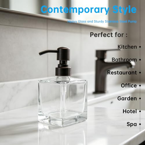 Image of Square Bathroom Soap Dispenser Oil Rubbed Bronze, Glass Bottles with Stainless Steel Pump Retangle Cube Liquid Soap Dispenser Hand Kitchen with Waterproof Lables