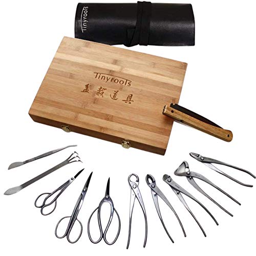 Bonsai Tool Set by Tinyroots - 11 Piece Set Includes: Traditional Butterfly Shaped Bonsai Shears, Concave Cutter, Wire Cutter, Genuine Hemp Broom, Scissors & Bamboo Storage Case + Bonsai Tools
