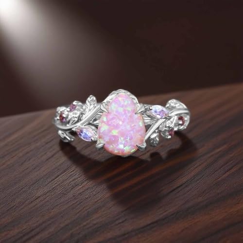 10k 14k 18k Gold Opal Diamond Engagement Rings for Women Pink Opal Ring Vintage ring Unique Nature Inspired Leaf Ring Pink stone Gifts4
