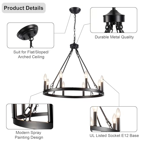 Image of 8-Lights Black Wagon Wheel Chandelier 26 inch Industrial Hanging Light Fixture for Dining Room Farmhouse Round Chandeliers for Living Room Foyer Hallway Kitchen Island Entryway