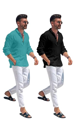 Image of Combo of Men Solid Cotton Blend Straight Kurta Shirt Pack of 2