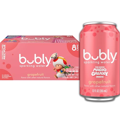 bubly Sparkling Water, The Super Mario Galaxy Movie Grapefruit, Zero Sugar & Zero Calories, 12 Fl Oz Cans (Pack of 8), Packaging May Vary