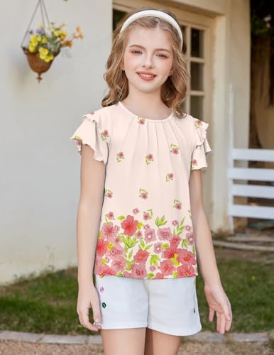 Image of Arshiner Girls T Shirts Ruffle Short Sleeve Summer Pleated Crewneck Casual Tops Tees Blouses