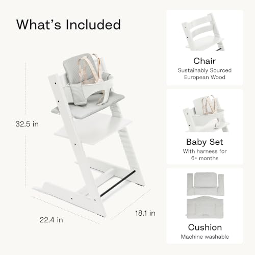 Image of Tripp Trapp High Chair White, Nordic Grey Cushion Signature Edition Includes Chair + Cushion + Baby Set with Removable Harness for Children 6-36 Months - Adjustable, Ergonomic & Easy to Clean