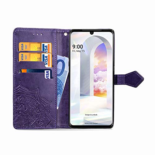 Szyz Lg Velvet 5G Wallet Phone Case, Mandala Embossed Shockproof Leather Magnetic Button Case With Flip Stand Function And Bank Card Slots Holder Shell For Lg Velvet 5G,Mtl Purple #TOP3