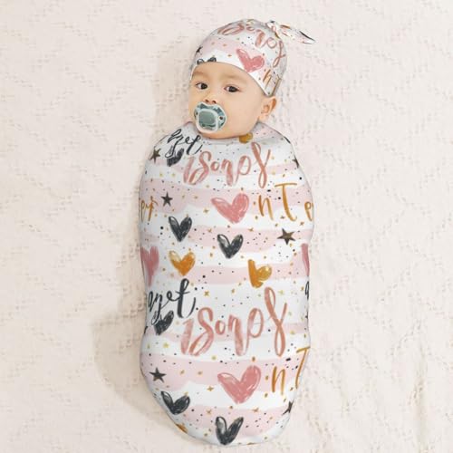 Image of Hand Drawn Gold Heart Newborn Swaddle Blankets Hat Sets Soft Baby Receiving Blanket Swaddle Sack for Baby Shower Infant Boy Girl Gift