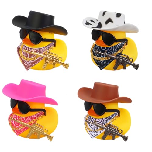 VEOIRXU 4 Piezas Patitos de Goma para Decorar el Salpicadero del Coche Divertidos Adornos de Pato Interior del Coche con Sombrero Vaquero Collar Dorado y Gafas Sol para Oficina Hogar