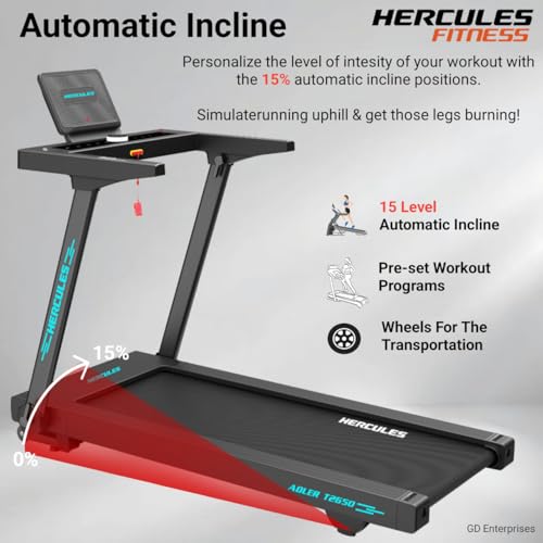 Image of Hercules Fitness T2650 2.0 .0 HP Peak DC Motorized Foldable Treadmill | 15 Level Power Incline | Bluetooth MP3 Player Available | Max Speed 18 Km /Hr | Max User Weight 125 Kg