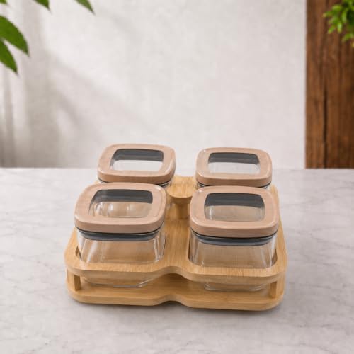 Image of Borosilicate Glass Storage Jars Set of 4 with 360 Rotating Bamboo Tray, 500ml Airtight Square Glass Containers with Wooden Lids, Dry Fruit, Nuts, Snack,Spice Organizer for Kitchen Counter
